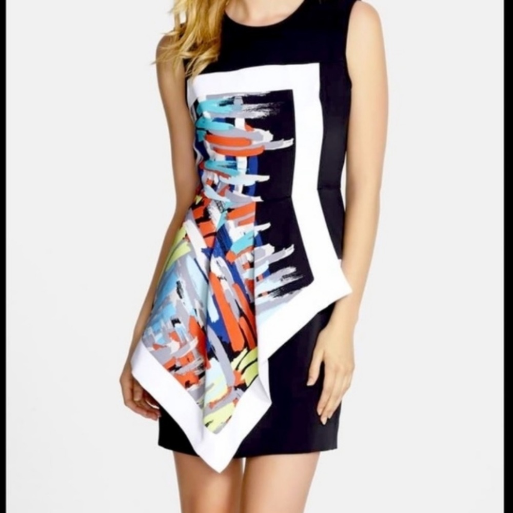 BCBGMaxAzria Alessandra Asymmetrical Color Block Abstract Peplum Dress